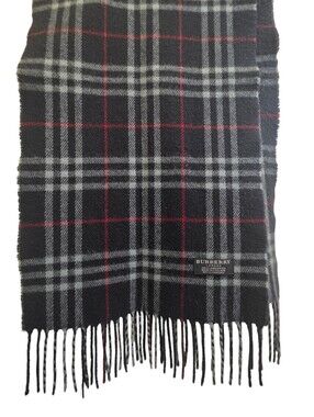 Burberry Vintage Navy Blue Gray & Red Plaid Fringe 100% Lambswool Scarf OS